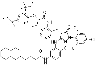 1-(2,4,6-Trichlorophenyl)-3-(5-tetradecanamido-2-chloroanilino)-4-[2-[alpha-(2,4-di-tert-pentylphenoxy)butyramido]phenylthio]-5-pyrazolone molecular structure (CAS 150779-67-2)