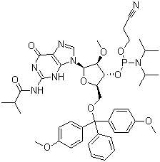 structure of CAS# 150780-67-9, 5'-O-(4,4-Dimethoxytrityl)-2'-O-methyl-N-isobutyrylguanosine-3'-(2-cyanoethyl-N,N-diisopropyl)phosphoramidite;5'-O-DMT-2'-O-Me-rG(N-iBu)-3'-CEDPA