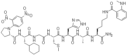 结构式 CAS# 150956-92-6, 1-(2,4-二硝基苯基)-L-脯氨酰-3-环己基-L-丙氨酰甘氨酰-S-甲基-L-半胱氨酰-L-组氨酰-L-丙氨酰-N6-[2-(甲基氨基)苯甲酰基]-L-赖氨酰胺