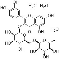structure of CAS# 153-18-4, Rutin;3-[[6-O-(6-Deoxy-alpha-L-mannopyranosyl)-beta-D-glucopyranosyl]oxy]-2-(3,4-dihydroxyphenyl)-5,7-dihydroxy-4H-1-benzopyran-4-one; C.I. 75730