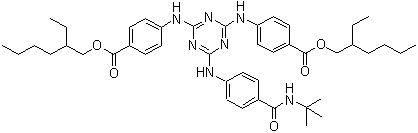 structure of CAS# 154702-15-5, Uvasorb HEB;4,4'-[[6-[[4-[[(1,1-Dimethylethyl)amino]carbonyl]phenyl]amino]-1,3,5-triazine-2,4-diyl]diimino]bisbenzoic acid 1,1'-bis(2-ethylhexyl) ester