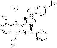 structure of CAS# 157212-55-0, Bosentan hydrate;4-(1,1-Dimethylethyl)-N-(6-(2-hydroxyethoxy)-5-(2-methoxyphenoxy)(2,2'-bipyrimidin)-4-yl)benzenesulfonamide  monohydrate