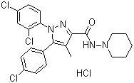 结构式 CAS# 158681-13-1, 盐酸利莫那班; 5-(4-氯苯基)-1-(2,4-二氯苯基)-4-甲基-N-(1-哌啶基)-1H-吡唑-3-甲酰胺盐酸盐