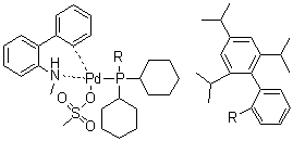 结构式 CAS# 1599466-81-5, (SP-4-3)-[二环己基[2',4',6'-三(异丙基)[1,1'-联苯]-2-基]膦](甲烷磺酸)[2'-(甲基氨基)[1,1'-联苯]-2-基]钯