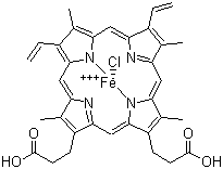 structure of CAS# 16009-13-5, Hemin;Chloroprotoporphyrin IX iron(III); Dihydrogen (SP-5-13)-chloro[7,12-diethenyl-3,8,13,17-tetramethyl-21H,23H-porphine-2,18-dipropanoato(4-)-N21,N22,N23,N24]-ferrate(2-)