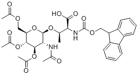 structure of CAS# 160168-40-1, Fmoc-L-Thr(beta-D-GlcNAc(Ac)3)-OH;(2S,3R)-3-[(2R,3R,4R,5S,6R)-3-acetamido-4,5-diacetyloxy-6-(acetyloxymethyl)oxan-2-yl]oxy-2-(9H-fluoren-9-ylmethoxycarbonylamino)butanoic acid