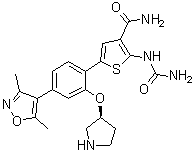 2-[(Aminocarbonyl)amino]-5-[4-(3,5-dimethyl-4-isoxazolyl)-2-[(3S)-3-pyrrolidinyloxy]phenyl]-3-thiophenecarboxamide molecular structure (CAS 1609281-86-8)