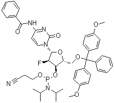 structure of CAS# 161442-19-9, N-Benzoyl-5'-O-[bis(4-methoxyphenyl)phenylmethyl]-2'-deoxy-2'-fluorocytidine 3'-[2-cyanoethyl N,N-bis(1-methylethyl)phosphoramidite]
