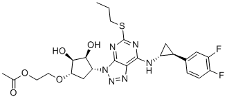 structure of CAS# 1616703-93-5, Ticagrelor EP Impurity C;2-(((1S,2S,3S,4R)-4-(7-(((1R,2S)-2-(3,4-difluorophenyl)cyclopropyl)amino)-5-(propylthio)-3H-[1,2,3]triazolo[4,5-d]pyrimidin-3-yl)-2,3-dihydroxycyclopentyl)oxy)ethyl acetate