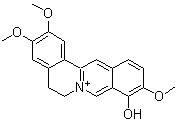 structure of CAS# 16176-68-4, Palmaturbine;Palmatrubin; Palmatrubine; 5,6-Dihydro-9-hydroxy-2,3,10-trimethoxy-dibenzo[a,g]quinolizinium