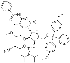 N-Benzoyl-5'-O-[bis(4-methoxyphenyl)phenylmethyl]-2'-O-(2-methoxyethyl)-5-methylcytidine  3'-[2-cyanoethyl N,N-bis(1-methylethyl)phosphoramidite] molecular structure (CAS 163759-94-2)