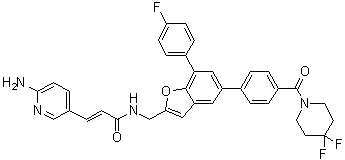 structure of CAS# 1643913-93-2, (2E)-3-(6-Amino-3-pyridinyl)-N-[[5-[4-[(4,4-difluoro-1-piperidinyl)carbonyl]phenyl]-7-(4-fluorophenyl)-2-benzofuranyl]methyl]-2-propenamide