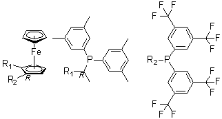 structure of CAS# 166172-63-0, (1R)-1-[Bis[3,5-bis(trifluoromethyl)phenyl]phosphino]-2-[(1R)-1-[bis(3,5-dimethylphenyl)phosphino]ethyl]ferrocene
