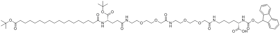structure of CAS# 1662688-20-1, Fmoc-L-Lys[Oct-(otBu)-Glu-(otBu)-AEEA-AEEA]-OH;(2S)-2-(9H-fluoren-9-ylmethoxycarbonylamino)-6-[[2-[2-[2-[[2-[2-[2-[[(4S)-5-[(2-methylpropan-2-yl)oxy]-4-[[18-[(2-methylpropan-2-yl)oxy]-18-oxooctadecanoyl]amino]-5-oxopentanoyl]amino]ethoxy]ethoxy]acetyl]amino]ethoxy]ethoxy]acetyl]amino]hexanoic acid