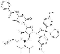 structure of CAS# 166593-57-3, 5'-O-DMT-N4-Benzoyl-5-methyl-2'-O-methylcytidine 3'-CE phosphoramidite;(2R,3R,4R,5R)-5-(4-Benzamido-5-methyl-2-oxopyrimidin-1(2H)-yl)-2-((bis(4-methoxyphenyl)(phenyl)methoxy)methyl)-4-methoxytetrahydrofuran-3-yl (2-cyanoethyl) diisopropylphosphoramidite