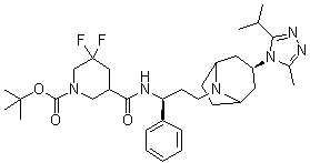 3,3-Difluoro-5-[[[(1S)-3-[(3-exo)-3-[3-methyl-5-(1-methylethyl)-4H-1,2,4-triazol-4-yl]-8-azabicyclo[3.2.1]oct-8-yl]-1-phenylpropyl]amino]carbonyl]-1-piperidinecarboxylic acid 1,1-dimethylethyl ester molecular structure (CAS 1673575-89-7)
