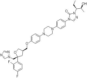 结构式 CAS# 171228-49-2, 泊沙康唑; 4-[4-[4-[4-[[(3R,5R)-5-(2,4-二氟苯基)-5-(1,2,4-三唑-1-基甲基)氧杂戊环-3-基]甲氧基]苯基]哌嗪-1-基]苯基]-2-[(2S,3S)-2-羟基戊-3-基]-1,2,4-三唑-3-酮