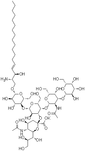 (2S,3R,4E)-2-Amino-3-hydroxy-4-octadecenyl O-(N-acetyl-alpha-neuraminosyl)-(2→3)-O-[O-beta-D-galactopyranosyl-(1→3)-2-(acetylamino)-2-deoxy-beta-D-galactopyranosyl-(1→4)]-O-beta-D-galactopyranosyl-(1→4)-beta-D-glucopyranoside monopotassium salt molecular structure (CAS 171483-40-2)