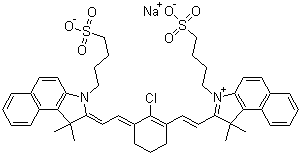 structure of CAS# 172616-80-7, New Indocyanine Green;2-[2-[2-Chloro-3-[[1,3-dihydro-1,1-dimethyl-3-(4-sulfobutyl)-2H-benzo[e]indol-2-ylidene]-ethylidene]-1-cyclohexen-1-yl]-ethenyl]-1,1-dimethyl-3-(4-sulfobutyl)-1H-benzo[e]indolium hydroxide inner salt sodium salt; IR-820