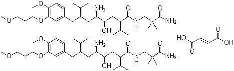 structure of CAS# 173334-58-2, Aliskiren hemifumarate;(2S,4S,5S,7S)-5-Amino-N-(2-carbamoyl-2-methylpropyl)-4-hydroxy-2-isopropyl-7-[4-methoxy-3-(3-methoxypropoxy)benzyl]-8-methylnonanamide hemifumarate