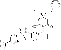 structure of CAS# 174484-41-4, Tipranavir;N-[3-[(1R)-1-[(6R)-2-Hydroxy-4-oxo-6-phenethyl-6-propyl-5H-pyran-3-yl]propyl]phenyl]-5-(trifluoromethyl)pyridine-2-sulfonamide