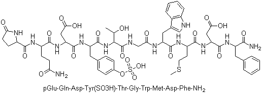 structure of CAS# 17650-98-5, Caerulein;(3S)-3-[[(2S)-5-amino-5-oxo-2-[[(2S)-5-oxopyrrolidine-2-carbonyl]amino]pentanoyl]amino]-4-[[(2S)-1-[[(2S,3R)-1-[[2-[[(2S)-1-[[(2S)-1-[[(2S)-1-[[(2S)-1-amino-1-oxo-3-phenylpropan-2-yl]amino]-3-carboxy-1-oxopropan-2-yl]amino]-4-methylsulfanyl-1-oxobutan-2-yl]amino]-3-(1H-indol-3-yl)-1-oxopropan-2-yl]amino]-2-oxoethyl]amino]-3-hydroxy-1-oxobutan-2-yl]amino]-1-oxo-3-(4-sulfooxyphenyl)propan-2-yl]amino]-4-oxobutanoic acid