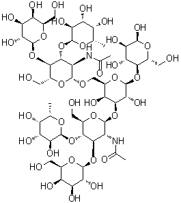 O-6-Deoxy-alpha-L-galactopyranosyl-(1→3)-O-[beta-D-galactopyranosyl-(1→4)]-O-2-(acetylamino)-2-deoxy-beta-D-glucopyranosyl-(1→6)-O-[O-6-deoxy-alpha-L-galactopyranosyl-(1→4)-O-[beta-D-galactopyranosyl-(1→3)]-2-(acetylamino)-2-deoxy-beta-D-glucopyranosyl-(1→3)]-O-beta-D-galactopyranosyl-(1→4)-alpha-D-glucopyranose molecular structure (CAS 178555-60-7)