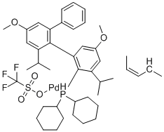 structure of CAS# 1798782-11-2, [(1,2,3-ETA)-2-BUTEN-1-YL][DICYCLOHEXYL[3,6-DIMETHOXY-2',4',6'-TRIS(1-METHYLETHYL)[1,1'-BIPHENYL]-2-YL-KAPPAC1']PHOSPHINE-KAPPAP]-PALLADIUM(1+), 1,1,1-TRIFLUOROMETHANESULFONATE (1:1)
