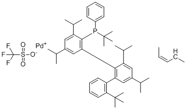 structure of CAS# 1798782-25-8, tBuXPhos Pd(allyl)Otf;[Bis(1,1-dimethylethyl)[2',4',6'-tris(1-methylethyl)[1,1'-biphenyl]-2-yl-?C1']phosphine-?P][(1,2,3-?)-2-buten-1-yl]-Palladium(1+) 1,1,1-trifluoromethanesulfonate (1:1)