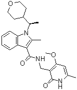 N-[(1,2-Dihydro-4-methoxy-6-methyl-2-oxo-3-pyridinyl)methyl]-2-methyl-1-[(1R)-1-(tetrahydro-2H-pyran-4-yl)ethyl]-1H-indole-3-carboxamide molecular structure (CAS 1802175-06-9)