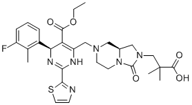 structure of CAS# 1808248-05-6, Linvencorvir;3-[(8aS)-7-[[(4S)-5-ethoxycarbonyl-4-(3-fluoro-2-methylphenyl)-2-(1,3-thiazol-2-yl)-1,4-dihydropyrimidin-6-yl]methyl]-3-oxo-5,6,8,8a-tetrahydro-1H-imidazo[1,5-a]pyrazin-2-yl]-2,2-dimethylpropanoic acid