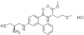 structure of CAS# 180977-34-8, N-[[5-[[(2R)-2-Amino-3-mercaptopropyl]amino][1,1'-biphenyl]-2-yl]carbonyl]-L-methionine methyl ester monohydrochloride