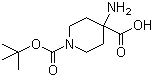 结构式 CAS# 183673-71-4, N-Boc-4-氨基哌啶-4-羧酸; 4-氨基-1-(叔丁氧羰基)哌啶-4-羧酸