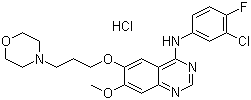 结构式 CAS# 184475-55-6, 盐酸吉非替尼; 4-(3-氯-4-氟苯基氨基)-7-甲氧基-6-[3-(4-吗啉基)丙氧基]喹唑啉盐酸盐