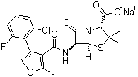 结构式 CAS# 1847-24-1, 氟氯西林钠; (2S,5R,6R)-6-[[3-(2-氯-6-氟苯基)-5-甲基-1,2-恶唑-4-甲酰]氨基]-3,3-二甲基-7-氧代-4-硫杂-1-氮杂双环[3.2.0]庚烷-2-甲酸钠盐