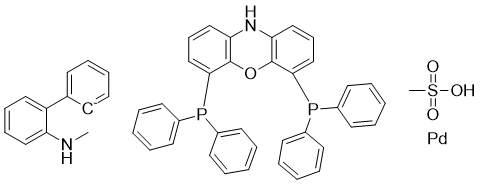 structure of CAS# 1878105-23-7, N-XantPhos Pd G4;(SP-4-4)-[4-(Diphenylphosphino-?P)-6-(diphenylphosphino)-10H-phenoxazine](methanesulfonato-?O)[2'-(methylamino-?N)[1,1'-biphenyl]-2-yl-?C]palladium