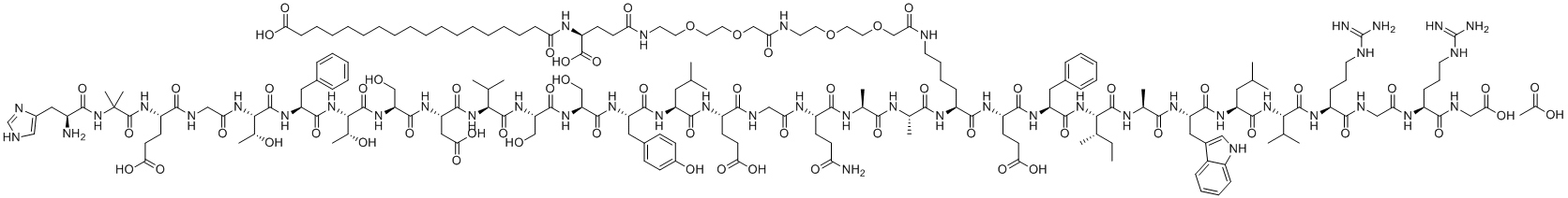 structure of CAS# 1997361-85-9, Semaglutide Acetate;acetic acid;18-[[(1S)-4-[2-[2-[2-[2-[2-[2-[[(5S)-5-[[(2S)-2-[[(2S)-2-[[(2S)-5-amino-2-[[2-[[(2S)-2-[[(2S)-2-[[(2S)-2-[[(2S)-2-[[(2S)-2-[[(2S)-2-[[(2S)-2-[[(2S)-2-[[(2S,3R)-2-[[(2S)-2-[[(2S,3R)-2-[[2-[[(2S)-2-[[2-[[(2S)-2-amino-3-(1H-imidazol-4-yl)propanoyl]amino]-2-methylpropanoyl]amino]-4-carboxybutanoyl]amino]acetyl]amino]-3-hydroxybutanoyl]amino]-3-phenylpropanoyl]amino]-3-hydroxybutanoyl]amino]-3-hydroxypropanoyl]amino]-3-carboxypropanoyl]amino]-3-methylbutanoyl]amino]-3-hydroxypropanoyl]amino]-3-hydroxypropanoyl]amino]-3-(4-hydroxyphenyl)propanoyl]amino]-4-methylpentanoyl]amino]-4-carboxybutanoyl]amino]acetyl]amino]-5-oxopentanoyl]amino]propanoyl]amino]propanoyl]amino]-6-[[(2S)-1-[[(2S)-1-[[(2S,3S)-1-[[(2S)-1-[[(2S)-1-[[(2S)-1-[[(2S)-1-[[(2S)-5-carbamimidamido-1-[[2-[[(2S)-5-carbamimidamido-1-(carboxymethylamino)-1-oxopentan-2-yl]amino]-2-oxoethyl]amino]-1-oxopentan-2-yl]amino]-3-methyl-1-oxobutan-2-yl]amino]-4-methyl-1-oxopentan-2-yl]amino]-3-(1H-indol-3-yl)-1-oxopropan-2-yl]amino]-1-oxopropan-2-yl]amino]-3-methyl-1-oxopentan-2-yl]amino]-1-oxo-3-phenylpropan-2-yl]amino]-4-carboxy-1-oxobutan-2-yl]amino]-6-oxohexyl]amino]-2-oxoethoxy]ethoxy]ethylamino]-2-oxoethoxy]ethoxy]ethylamino]-1-carboxy-4-oxobutyl]amino]-18-oxooctadecanoic acid