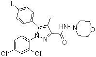structure of CAS# 202463-68-1, 1-(2,4-Dichlorophenyl)-5-(4-iodophenyl)-4-methyl-N-4-morpholinyl-1H-pyrazole-3-carboxamide;AM 281