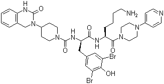 structure of CAS# 204697-65-4, Olcegepant;BIBN-4096; BIBN-4096BS; N-[2-[5-Amino-1(S)-[4-(4-pyridinyl)piperazin-1-ylcarbonyl]pentylamino]-1(R)-(3,5-dibromo-4-hydroxybenzyl)-2-oxoethyl]-4-(2-oxo-1,2,3,4-tetrahydroquinazolin-3-yl)piperidine-1-carboxamide