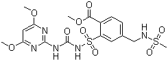 结构式 CAS# 208465-21-8, 甲磺胺磺隆; 2-[3-(4,6-二甲氧基嘧啶-2-基)脲磺酰]-4-甲磺酰胺甲基苯甲酸甲酯