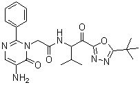 structure of CAS# 208848-19-5, Freselestat;5-Amino-N-[1-[[5-(1,1-dimethylethyl)-1,3,4-oxadiazol-2-yl]carbonyl]-2-methylpropyl]-6-oxo-2-phenyl-1(6H)-pyrimidineacetamide; ONO 6818; ONO-PO 736