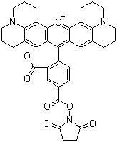 structure of CAS# 209734-74-7, 5-Carboxy-X-rhodamine SE;5-Carboxy-X-rhodamine NHS ester; 5-ROX SE; 9-[2-Carboxy-4-[[(2,5-dioxo-1-pyrrolidinyl)oxy]carbonyl]phenyl]-2,3,6,7,12,13,16,17-octahydro-1H,5H,11H,15H-xantheno[2,3,4-ij:5,6,7-i'j']diquinolizin-18-ium inner salt
