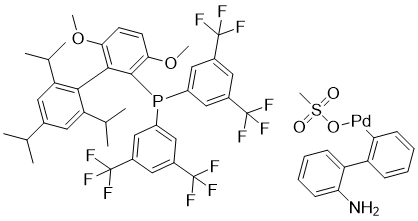 structure of CAS# 2102544-35-2, JackiePhos Pd G3;[2'-(Amino-?N)[1,1'-biphenyl]-2-yl-?C][bis[3,5-bis(trifluoromethyl)phenyl][3,6-dimethoxy-2',4',6'-tris(1-methylethyl)[1,1'-biphenyl]-2-yl]phosphine-?P](methanesulfonato-?O)palladium