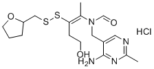 structure of CAS# 2105-43-3, Fursultiamine hydrochloride;N-[(4-amino-2-methylpyrimidin-5-yl)methyl]-N-[(E)-5-hydroxy-3-(oxolan-2-ylmethyldisulfanyl)pent-2-en-2-yl]formamide hydrochloride