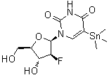 1-(2-Deoxy-2-fluoro-beta-D-arabinofuranosyl)-5-(trimethylstannyl)-2,4(1H,3H)-pyrimidinedione molecular structure (CAS 213136-14-2)