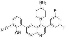 结构式 CAS# 2172870-89-0, 3-[4-(4-氨基-1-哌啶基)-3-(3,5-二氟苯基)-6-喹啉基]-2-羟基苯甲腈