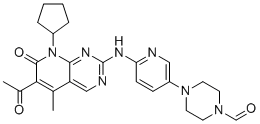 structure of CAS# 2174002-16-3, Palbociclib N-Formyl Impurity;4-[6-[(6-acetyl-8-cyclopentyl-5-methyl-7-oxopyrido[2,3-d]pyrimidin-2-yl)amino]pyridin-3-yl]piperazine-1-carbaldehyde