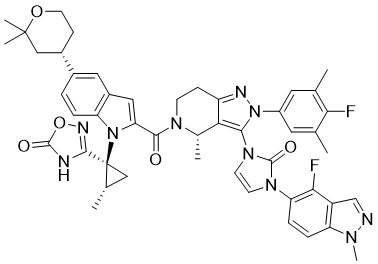 structure of CAS# 2212020-52-3, Orforglipron;3-[(1S,2S)-1-[5-[(4S)-2,2-dimethyloxan-4-yl]-2-[(4S)-2-(4-fluoro-3,5-dimethylphenyl)-3-[3-(4-fluoro-1-methylindazol-5-yl)-2-oxoimidazol-1-yl]-4-methyl-6,7-dihydro-4H-pyrazolo[4,3-c]pyridine-5-carbonyl]indol-1-yl]-2-methylcyclopropyl]-4H-1,2,4-oxadiazol-5-one
