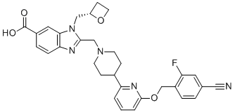 structure of CAS# 2230198-02-2, Danuglipron;2-[[4-[6-[(4-cyano-2-fluorophenyl)methoxy]pyridin-2-yl]piperidin-1-yl]methyl]-3-[[(2S)-oxetan-2-yl]methyl]benzimidazole-5-carboxylic acid