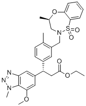 structure of CAS# 2230697-41-1, NRF2 activator-1;ethyl (3S)-3-(7-methoxy-1-methylbenzotriazol-5-yl)-3-[4-methyl-3-[[(4R)-4-methyl-1,1-dioxo-3,4-dihydro-5,1?6,2-benzoxathiazepin-2-yl]methyl]phenyl]propanoate